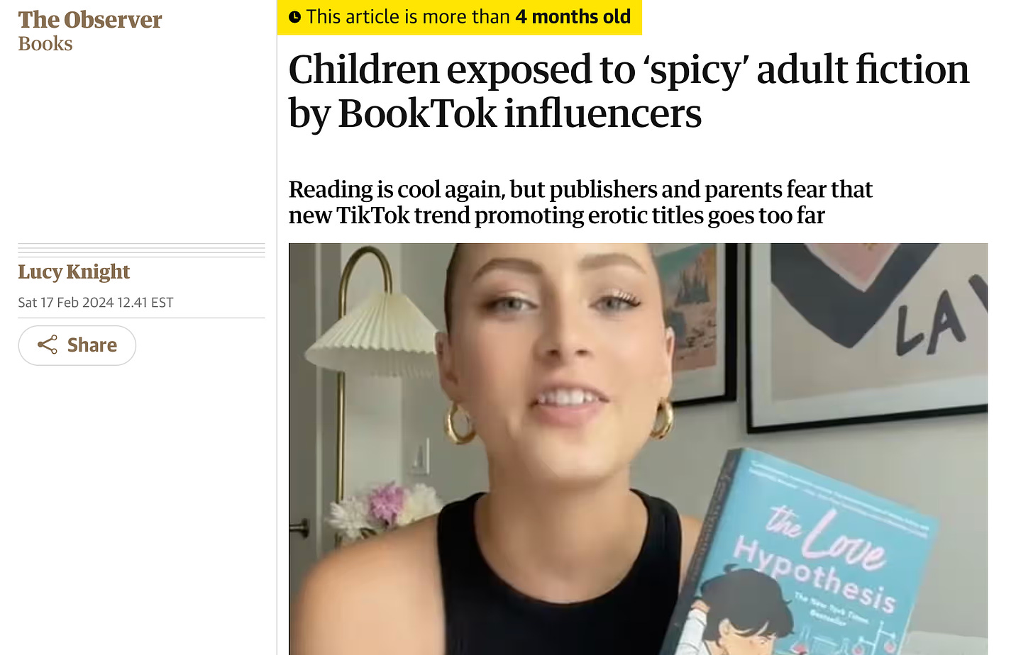 The Observer Books headline: Children exposed to ‘spicy’ adult fiction by BookTok influencers This article is more than 4 months old Reading is cool again, but publishers and parents fear that new TikTok trend promoting erotic titles goes too far