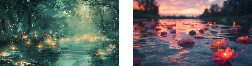 Lanterns and floating candles illuminating a serene forest pond and a river at sunset adorned with floating flowers.