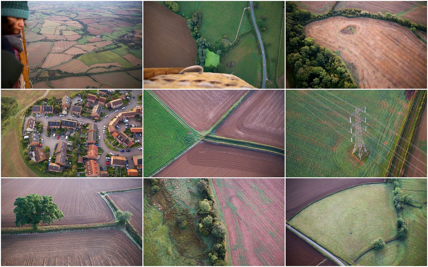 A montage of nine photographs all taken out of the basket of a hot air balloon. Some photographs are abstract scenes of the fields below.