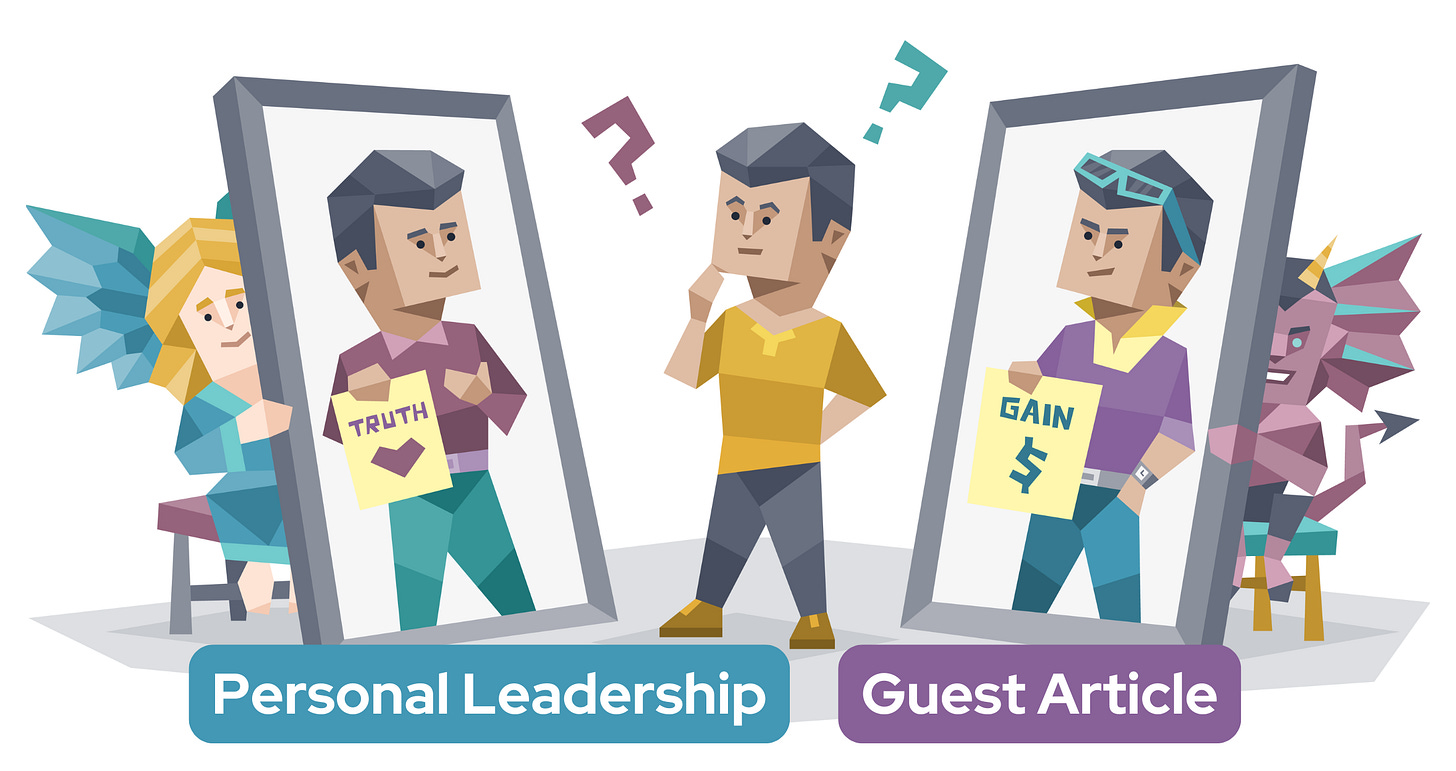 A man questions himself before two mirrors – one is held by an angel and shows love, the other is held by a devil and shows money. Text reads "Personal Leadership Guest Article"