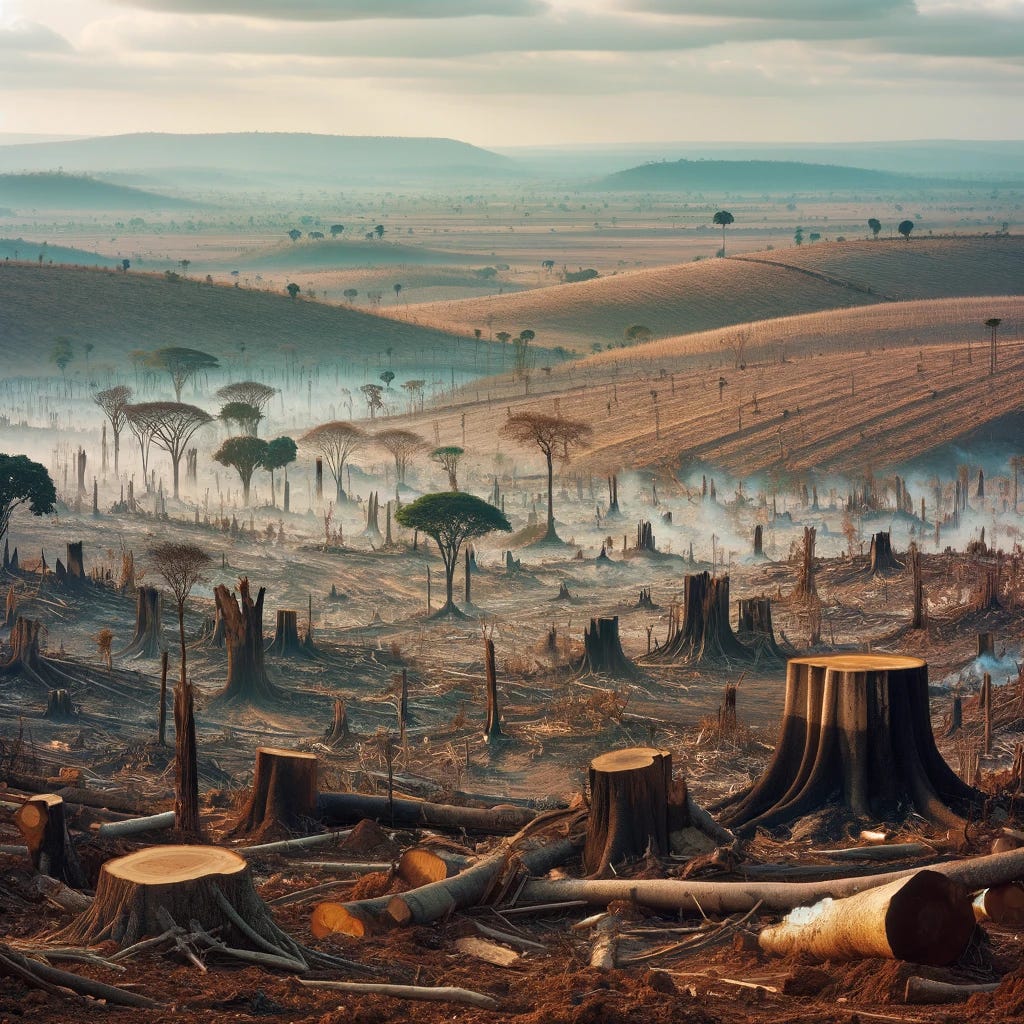 A landscape of newly razed African farmland, depicting a scene of deforestation. The foreground shows felled trees and clear land, indicative of recent land clearing. In the background, there are ash remains and charred stumps of trees that have been burnt, illustrating the aftermath of land clearing by fire. The setting is in an African countryside, with a focus on the environmental impact of deforestation.