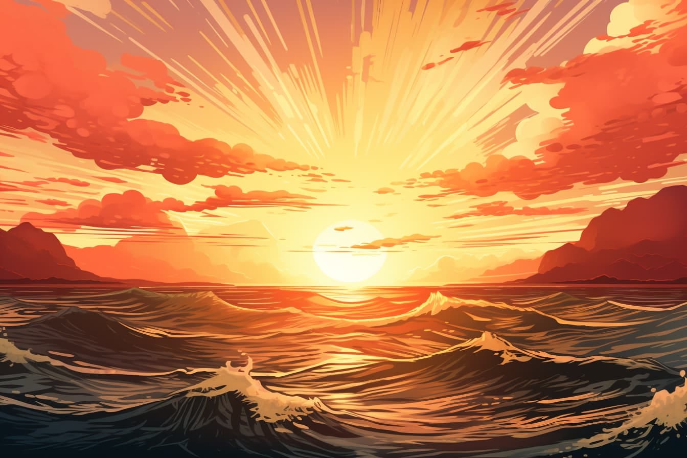 graphic novel illustration of a sunrise over a vast ocean