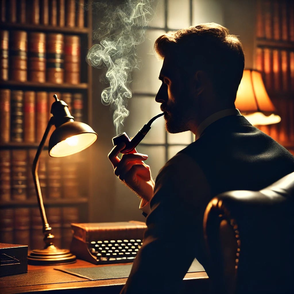 A silhouette of a man from the rear view, showing the back of his head and shoulders as he sits at a desk, smoking a pipe. A modest desk lamp illuminates the rising smoke in a dim, atmospheric library filled with leather-bound books and rich wood furnishings. The lighting is low and warm, creating a soft glow around the smoke, casting shadows across the library's shelves and vintage decor. The setting exudes a quiet, contemplative mood.