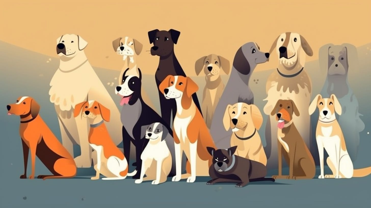 AI generated illustration of a pack of dogs with a diversity of different breeds, created by John Wayne Hill with Midjourey