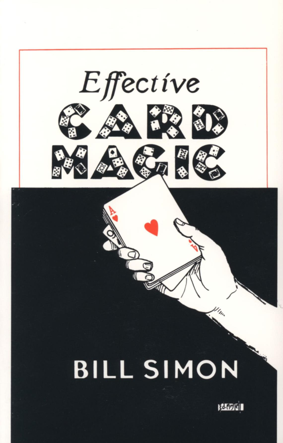 Front cover of magic book with an illustration of a hand holding a pack of cards, with the Ace of Hearts at the face