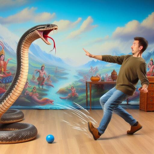 show someone who is knocked off balance in a real life photo as the slithering snake of opposing energy slithers toward them