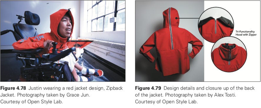 Justin Moy, one of the subjects in Grace's book, models a red hoodie perfectly designed for his atypical measurements, seated posture in a wheelchair, and other specifications.