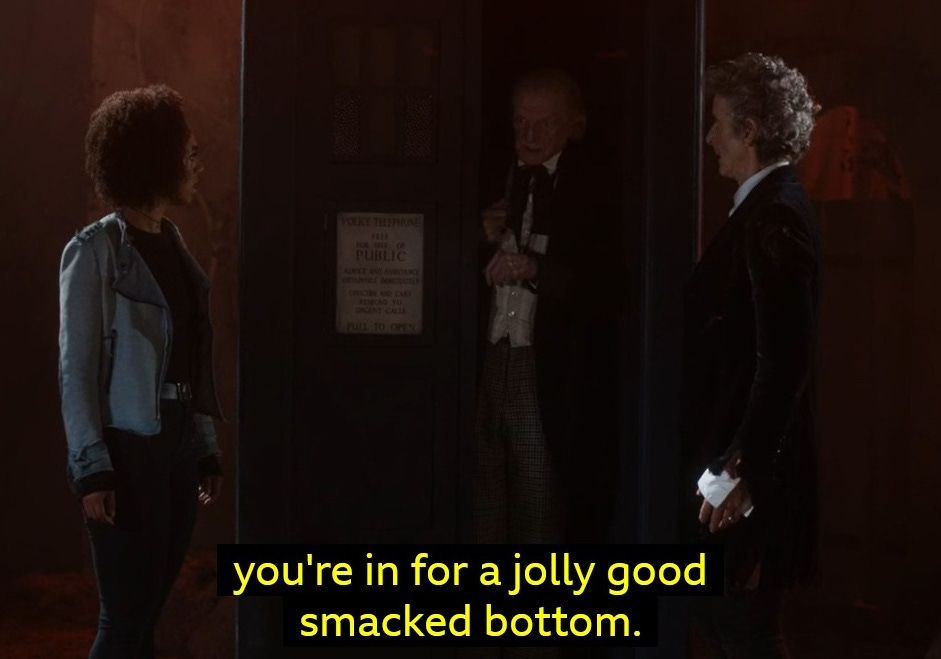 Screengrab of the first Doctor telling Bill she is "in for a jolly good smacked bottom" if he hears any more bad language from her, from Twice Upon a Time