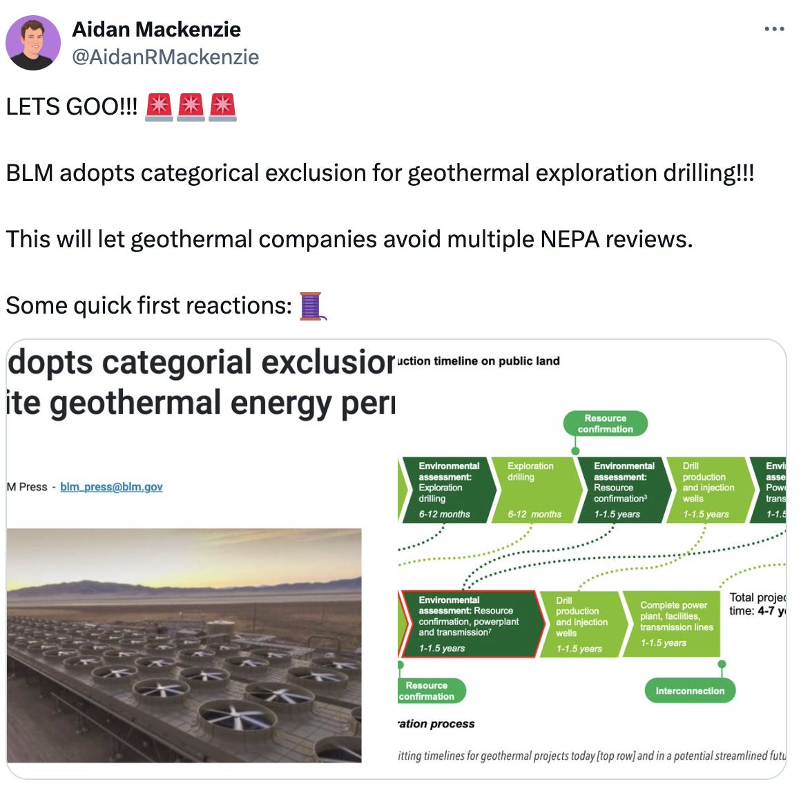  Aidan Mackenzie @AidanRMackenzie LETS GOO!!! 🚨🚨🚨  BLM adopts categorical exclusion for geothermal exploration drilling!!!   This will let geothermal companies avoid multiple NEPA reviews.   Some quick first reactions: 🧵