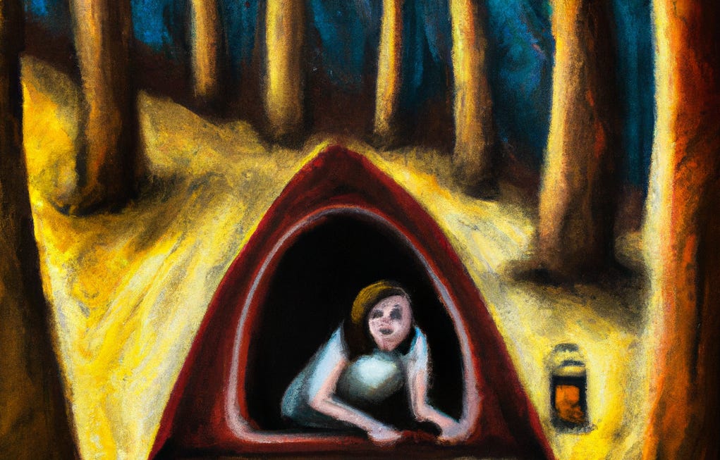 scared woman in a tent alone in the woods surrealist painting via Dall-E