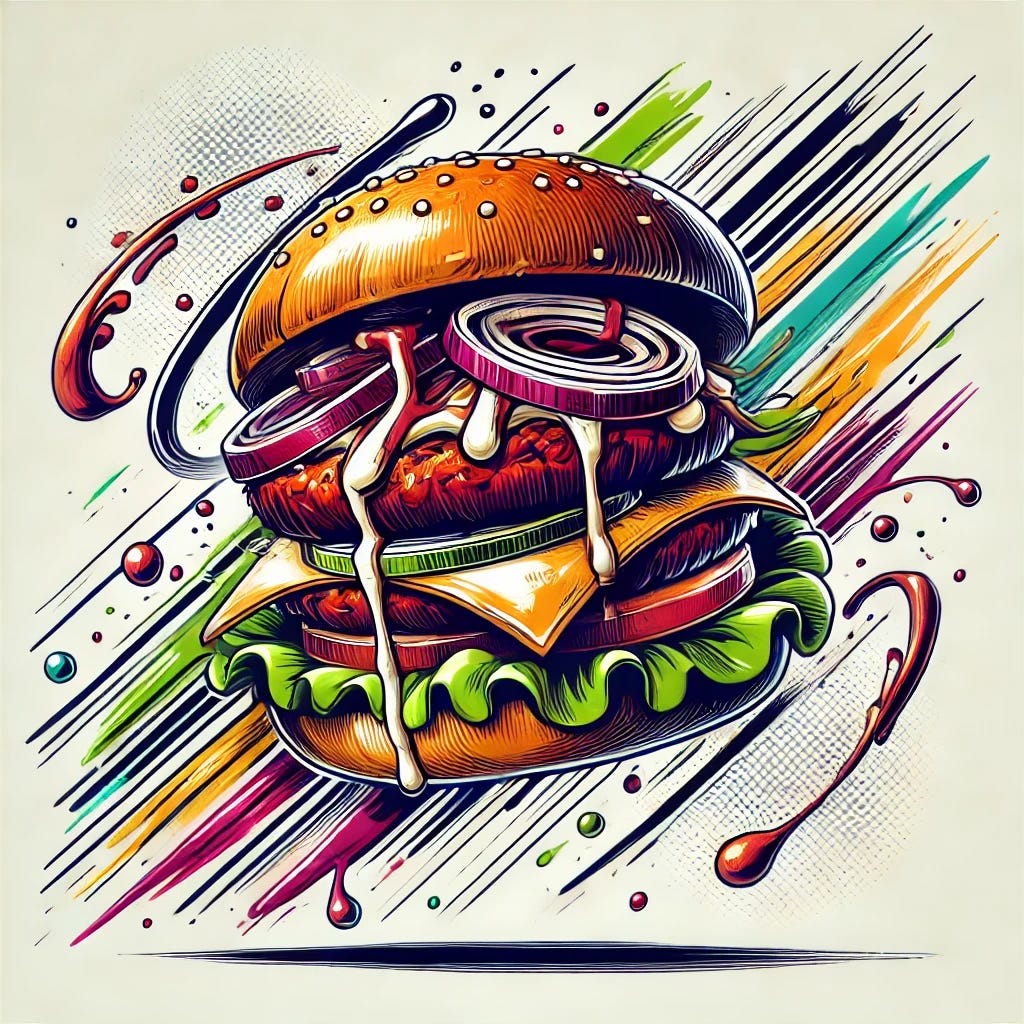 A playful and dynamic illustration of a vegetarian burger, featuring a patty topped with melted cheese, lettuce, caramelized onions, and a dollop of burger sauce, all stacked on a toasted bun. The design incorporates dramatic motion lines and splashes of vibrant colors to give the dish an energetic, whimsical feel, inspired by a comic-style aesthetic. The background is minimalistic and white, keeping the focus entirely on the vibrant burger.