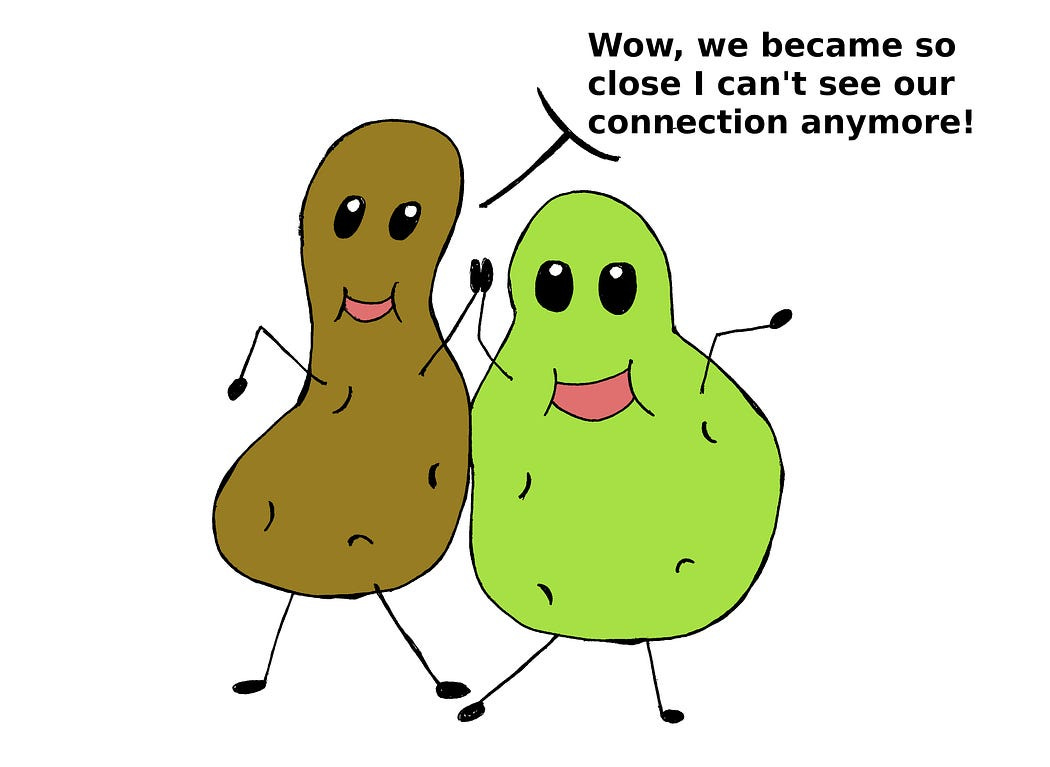 Cartoon of potatoes saying, “Wow, we became so close we can’t see our connection anymore!”