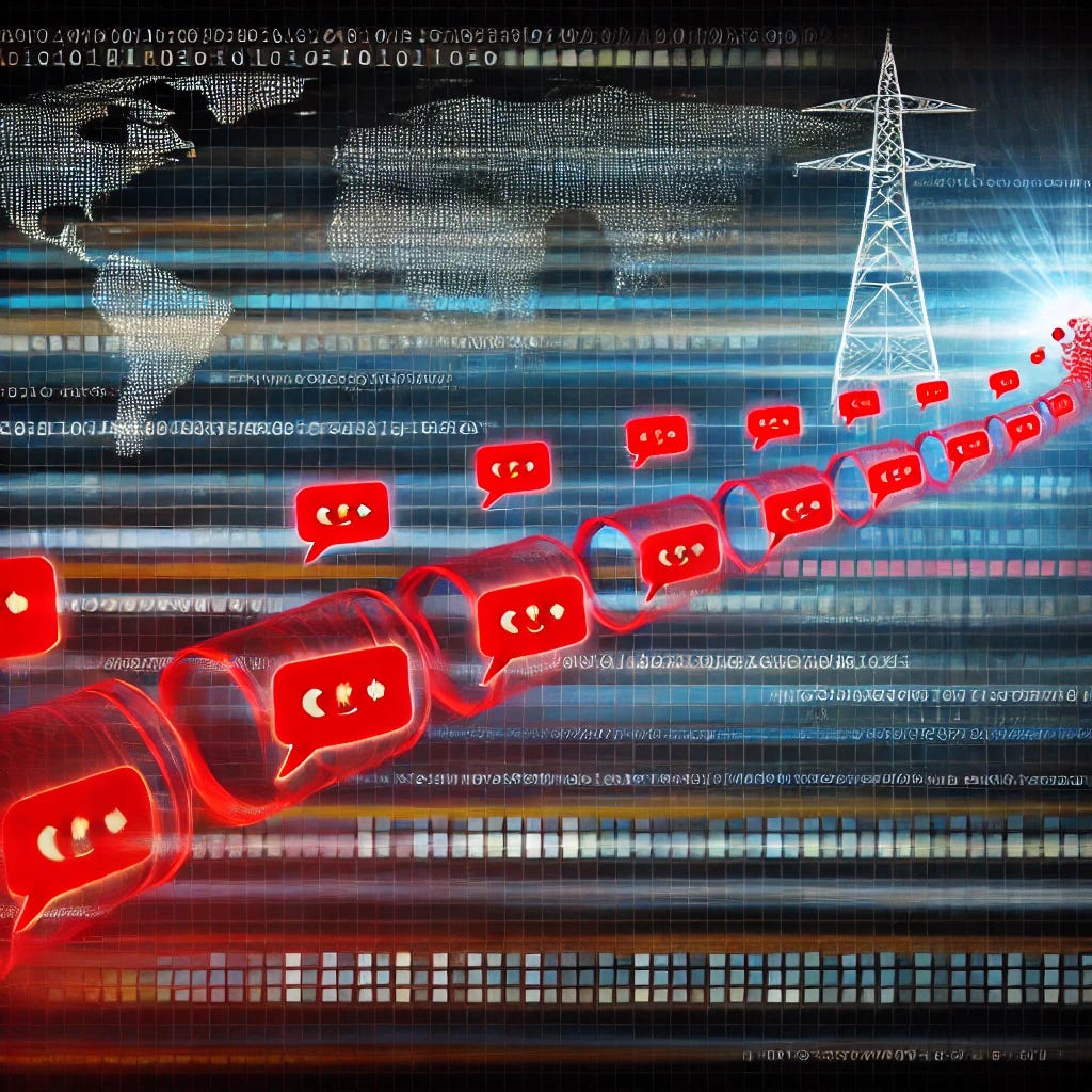 A dramatic conceptual image of a glowing data pipeline with red text message icons flowing into a Chinese surveillance hub. The background includes digital grids and faint telecom towers, emphasizing global espionage.