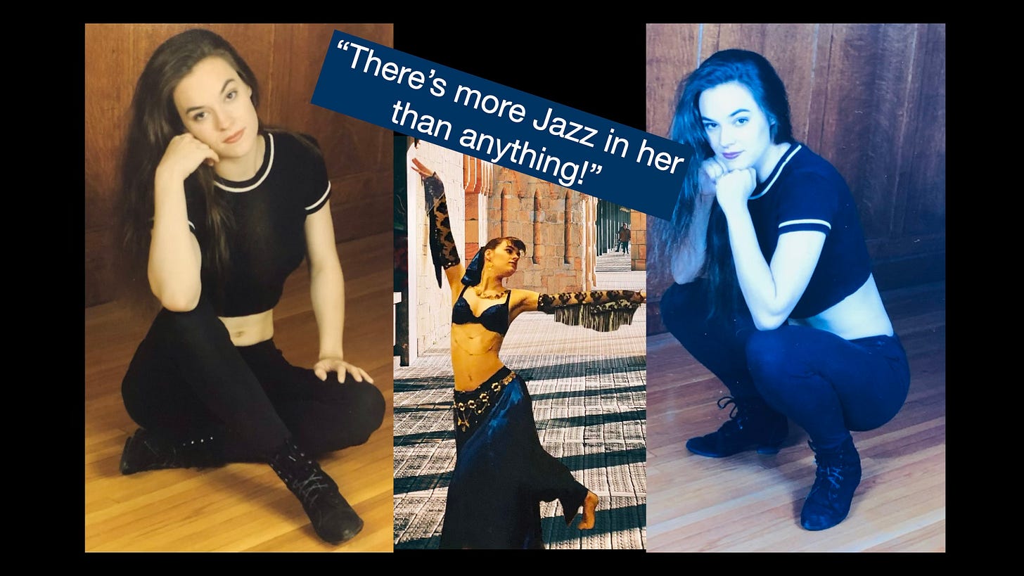The author posed dramatically in a belly dance costume before an ancient temple setting. Flanking her are two photos of her wearing black leggings, a black crop-top, and jazzy heeled black boots. "There's more Jazz in her than anything!" 