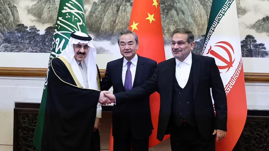 Top officials from Iran and Saudi Arabia met in Beijing for talks on renewing ties between the two Middle East nations.  (Reuters: China Daily)