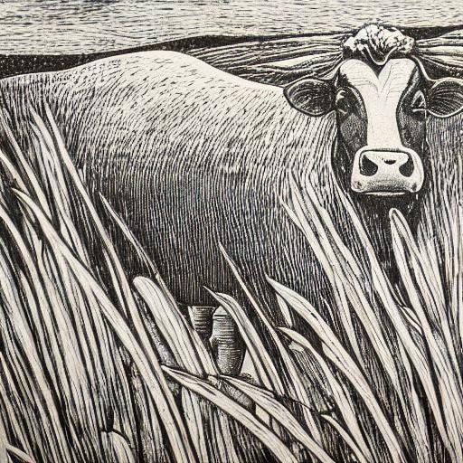 AI-generated duo-tone image of an etching of a cow in a field.