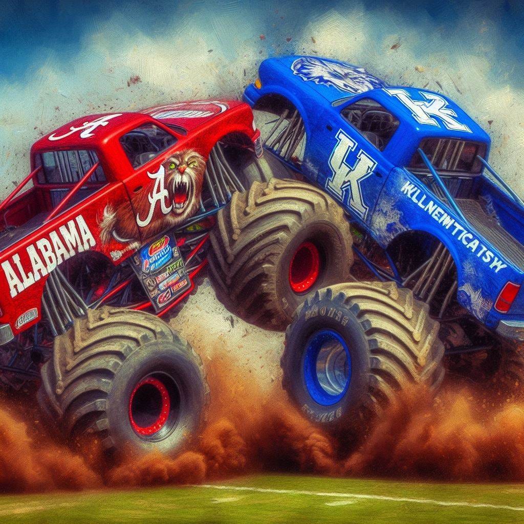 An Alabama Crimson Tide monster truck and a Kentucky Wildcats monster truck crashing head-on, impressionism