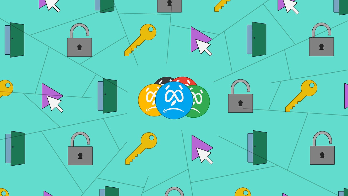 An illustration of several, primary coloured, un-happy cartoon faces, with features made up of Amazon, Meta and Apple logos. They are surrounded by depictions of open padlocks, keys, cursors and open doors. Glass shattering is super imposed over the top.