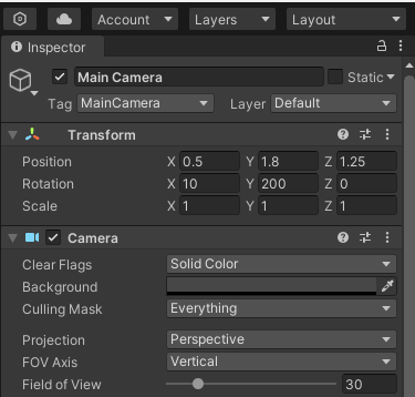 Unity camera, inspector settings