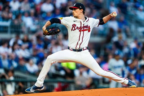 Max Fried of Atlanta Braves pitches in the first inning against the Los Angeles Dodgers at Truist Park on September 16, 2024 in Atlanta, Georgia.