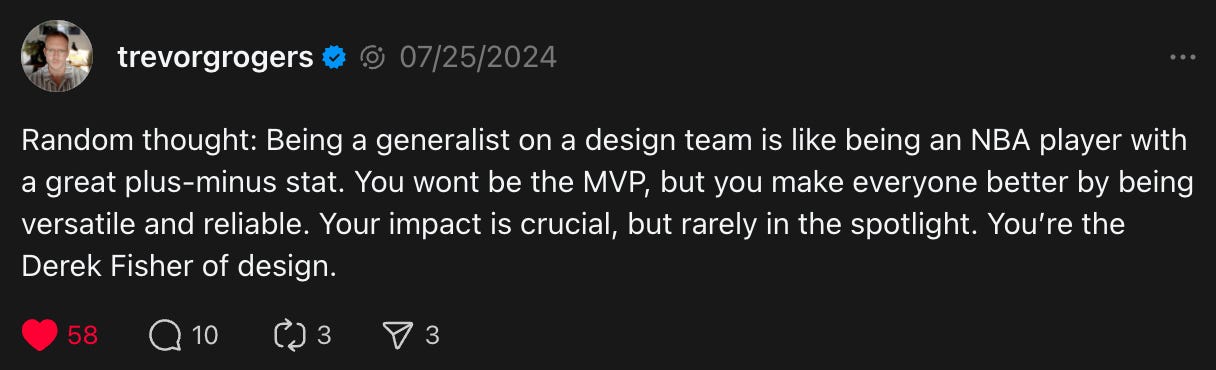 A social media post by user "trevorrogers" from 07/25/2024. The post shares a thought comparing a generalist on a design team to an NBA player with a great plus-minus stat, highlighting how they aren't the MVP but make everyone better through versatility and reliability. The post concludes by saying, "You’re the Derek Fisher of design." The post has 58 likes, 10 comments, 3 shares, and 3 saves, with the user verified by a blue checkmark.