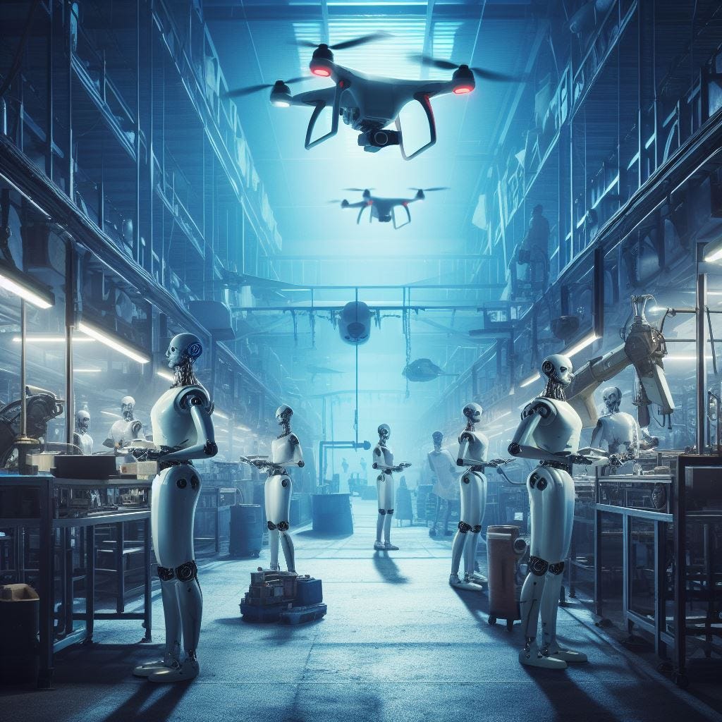 robots working in a factory, orwellian nightmare, dystopia, evil corporation, drone surveillance, cyberpunk aesthetics