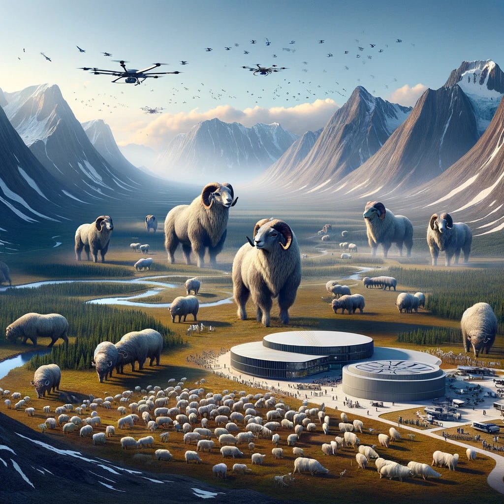 Imagine a vast, open landscape of Siberia, transformed into a sprawling reserve that echoes the ambitions of Jurassic Park and Pleistocene Park. The terrain features dense, prehistoric forests and sweeping grasslands, with rugged Siberian mountains in the backdrop. Forefront, giant hybrid sheep, engineered to exhibit traits of their Pleistocene ancestors, roam freely, their size and appearance evoking wonder and the power of science. Surrounding this scene are elements hinting at advanced technology supporting the project: a state-of-the-art research facility blending with the environment, and drones monitoring the species. The atmosphere combines discovery thrill with awe of witnessing the past come alive, pondering the ethical implications of resurrecting ancient ecosystems through giant hybrid sheep, symbols of human ingenuity and its potential consequences.