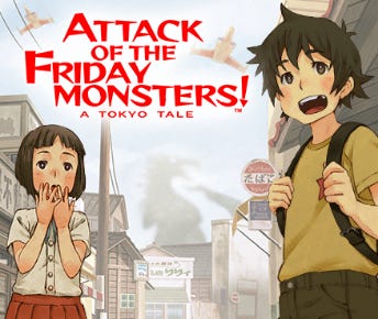 Promotional art for Attack of the Friday Monsters! featuring the game's logo, and two of its central characters looking surprised as they stare off into a foreground you cannot see.