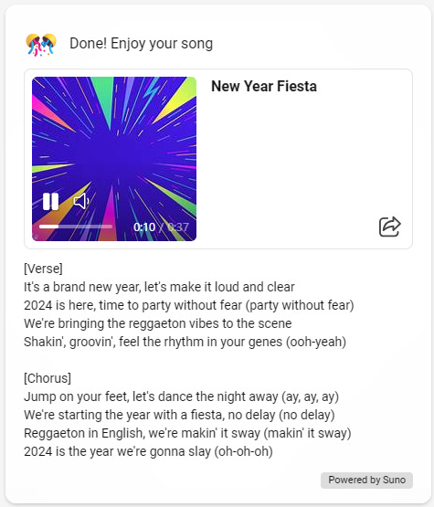 Reggaeton song about 2024, written by Suno in Microsoft Copilot