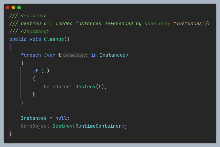 Source code illustrating the cleanup process for a bootstrap GameObject