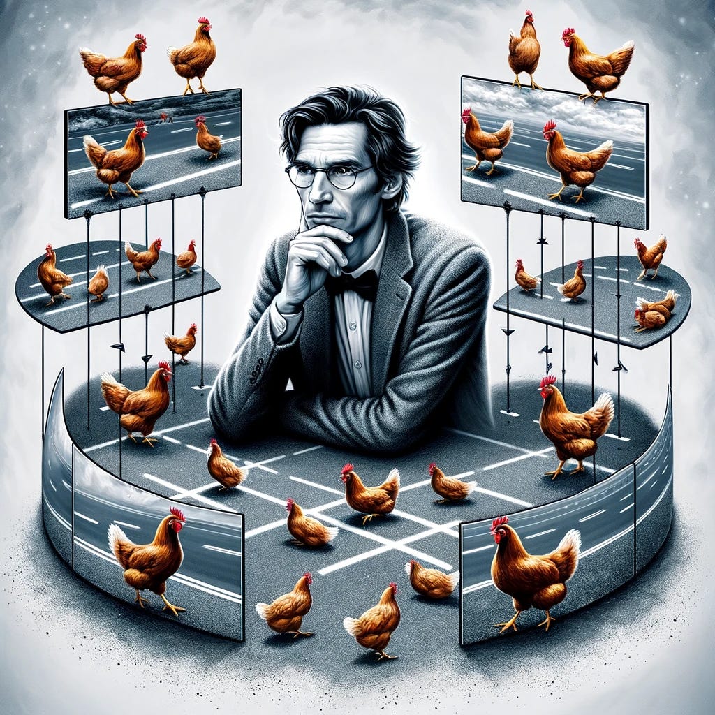 A thoughtful and imaginative scene featuring a male scientist resembling Hugh Everett in a thoughtful pose, surrounded by illustrations of alternate realities on floating panels around him. Each panel shows different scenarios of chickens either crossing or not crossing a road, symbolizing the concept of multiple universes. The setting is abstract and slightly futuristic, reflecting the complex nature of quantum mechanics. The scientist is portrayed as contemplative, linking deep scientific theories to the humorous scenario of chickens crossing roads.
