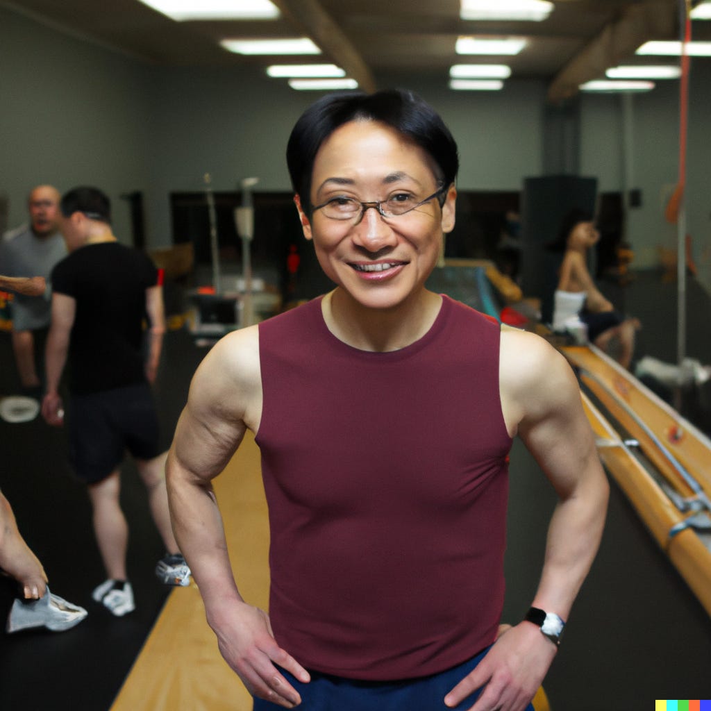 Thank goodness for AI: A photograph of a gym full of happy middle-aged nerds. They are all in very good shape. One well-muscled middle-aged nerd looks to the camera with a welcoming posture.