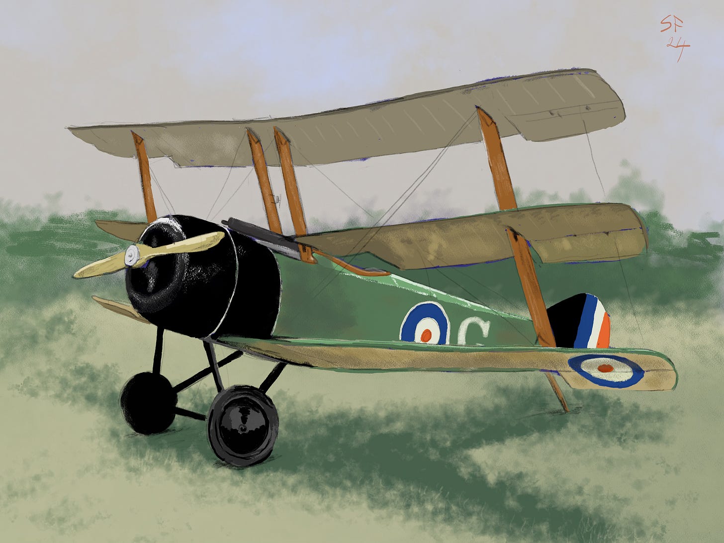 Pencil and pastel sketch of a World War One Sopwith Triplane fighter on a grassy airfield.