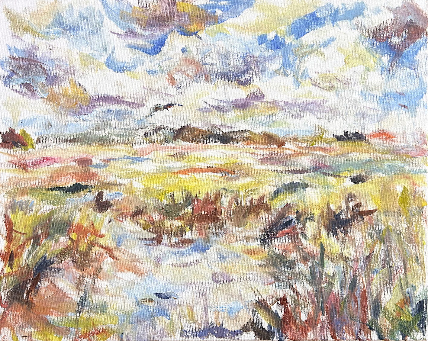 Impressionist-inspired painting of salt marsh in morning