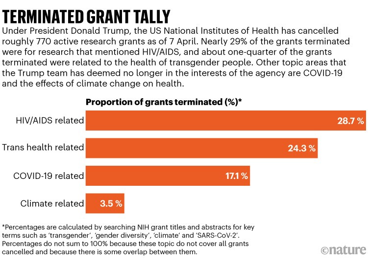 Terminated grant tally. Bar chart. Under President Donald Trump, the US National Institutes of Health has cancelled roughly 770 active research grants as of 7 April. Nearly 29% of the grants terminated were for research that mentioned HIV/AIDS, and about one-quarter of the grants terminated were related to the health of transgender people. Other topic areas that the Trump team has deemed no longer in the interests of the agency are COVID-19 and the effects of climate change on health. Terminated grant tally. Bar chart. Under President Donald Trump, the US National Institutes of Health has cancelled roughly 770 active research grants as of 7 April. Nearly 29% of the grants terminated were for research that mentioned HIV/AIDS, and about one-quarter of the grants terminated were related to the health of transgender people. Other topic areas that the Trump team has deemed no longer in the interests of the agency are COVID-19 and the effects of climate change on health.