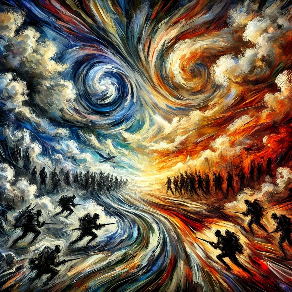 An abstract representation of the complexities of war and its resolution. Swirling brushstrokes and contrasting colors depict two sides clashing at the center. Figures in motion symbolize the front lines, while shadowy figures in the background represent political leaders. A dramatic sky with a blend of dark and vibrant colors illustrates the uncertainty and hope in ending the conflict. The scene evokes deep emotion and psychological depth, resembling an oil on canvas painting in an expressionistic style.