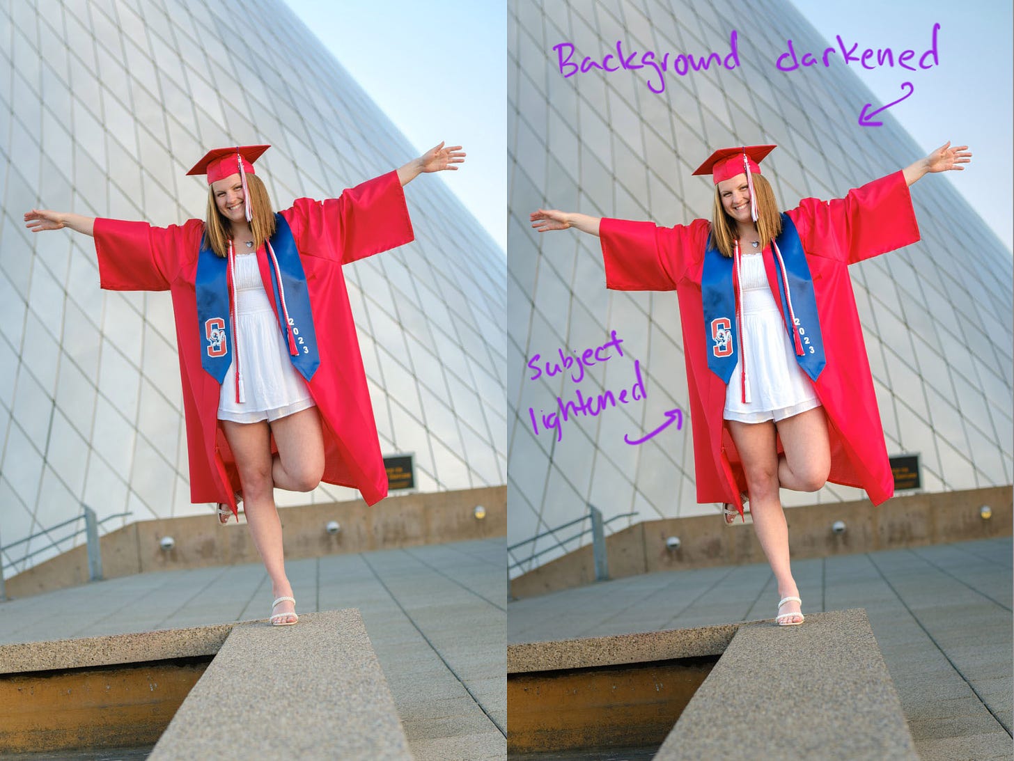 Two versions of the same image, one edited with text annotations indicating the background darkened and subject lightened. A young woman wearing a red cap and gown and a blue sash balances on one leg in front of the metal cone sculpture at the Museum of Glass. 