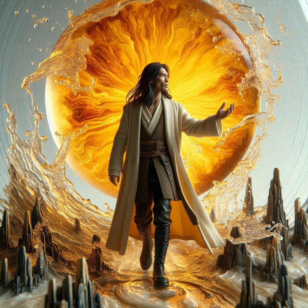 resin sun inside glass; tiltshift /flying at angles/ 8d angled glass embedded /beautiful, heroic, strong handsome, rotund Asian man / velvet blonde, cream, ivory long coat/ black leather boots. water in resin/ ; he is at Monks mound at Cahokia / amber cream,tsunami full of fire/ reverberating waves. black hole in floor/ water in resin verdigris/ In the style of Michael Parkes. black etching/ black linework/ daytime sky/fluffy clouds 