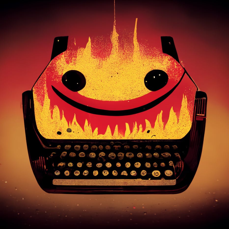 Figure 1: A happy typewriter in a fiery hellscape, as imagined by Midjourney, an AI program that generates images from textual prompts