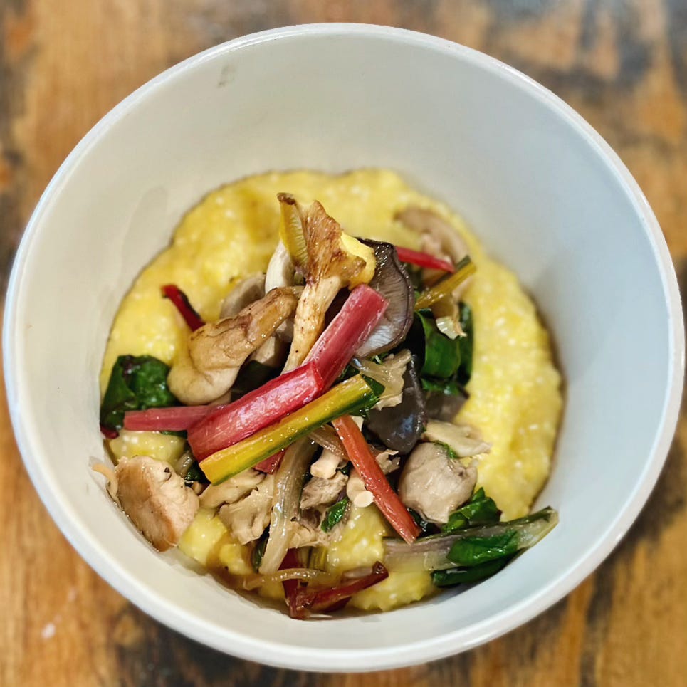 cooking | creamy grits w/ seared shrooms & chard