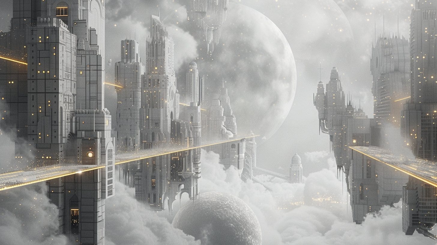 A surreal cityscape with floating buildings and celestial pathways in 'Zenith Phantasmagoria', blending surreal dreamscapes with zenithal celestial themes, in urban grey and pathway gold --style raw --ar 16:9 --v 6.0