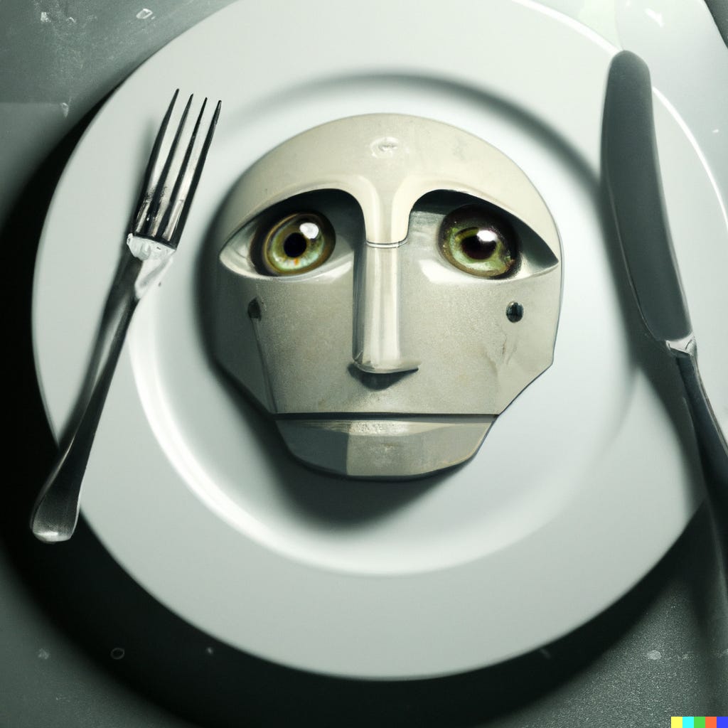 “robot face on a dinner plate, digital art” / DALL-E