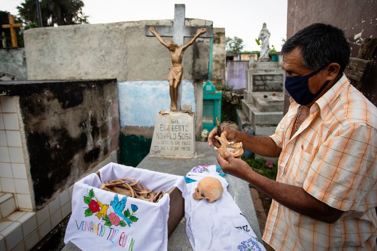 don venancio, poomuch resident, introducing the local dia de muertos tradition, when people clean and display the remains of their dead belooved ones. 