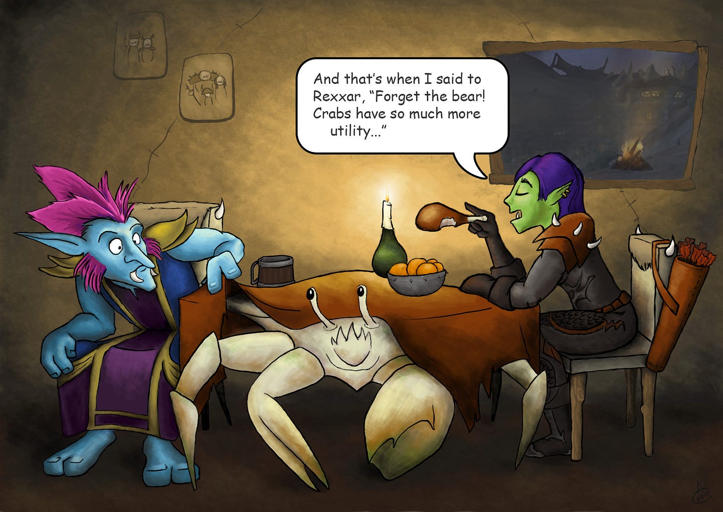 Digitally painted webcomic based on characters from World of Warcraft. A green-skinned female orc hunter sits at a dining table with a blue-skinned troll mage with a bright pink mohawk. The dining table is a giant crab with a table cloth and dishes perched atop it. The troll pulls back the table cloth and peers at the crab in surprise as the crab peers back. The orc seems unconcerned by the tableau and says, "And that's when I said to Rexxar, 'Forget the bear! Crabs have so much more utility...' "