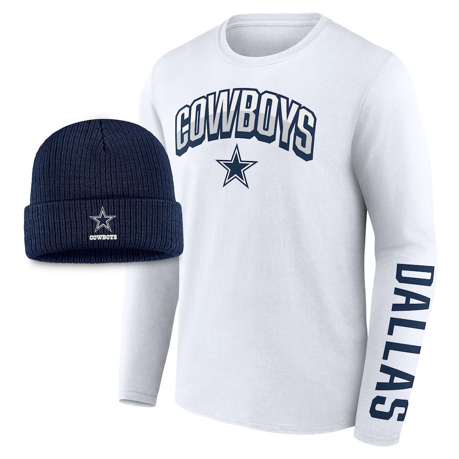 Men's Dallas Cowboys Fanatics Branded White/Navy Long Sleeve T-Shirt & Cuffed Knit Hat Combo Pack