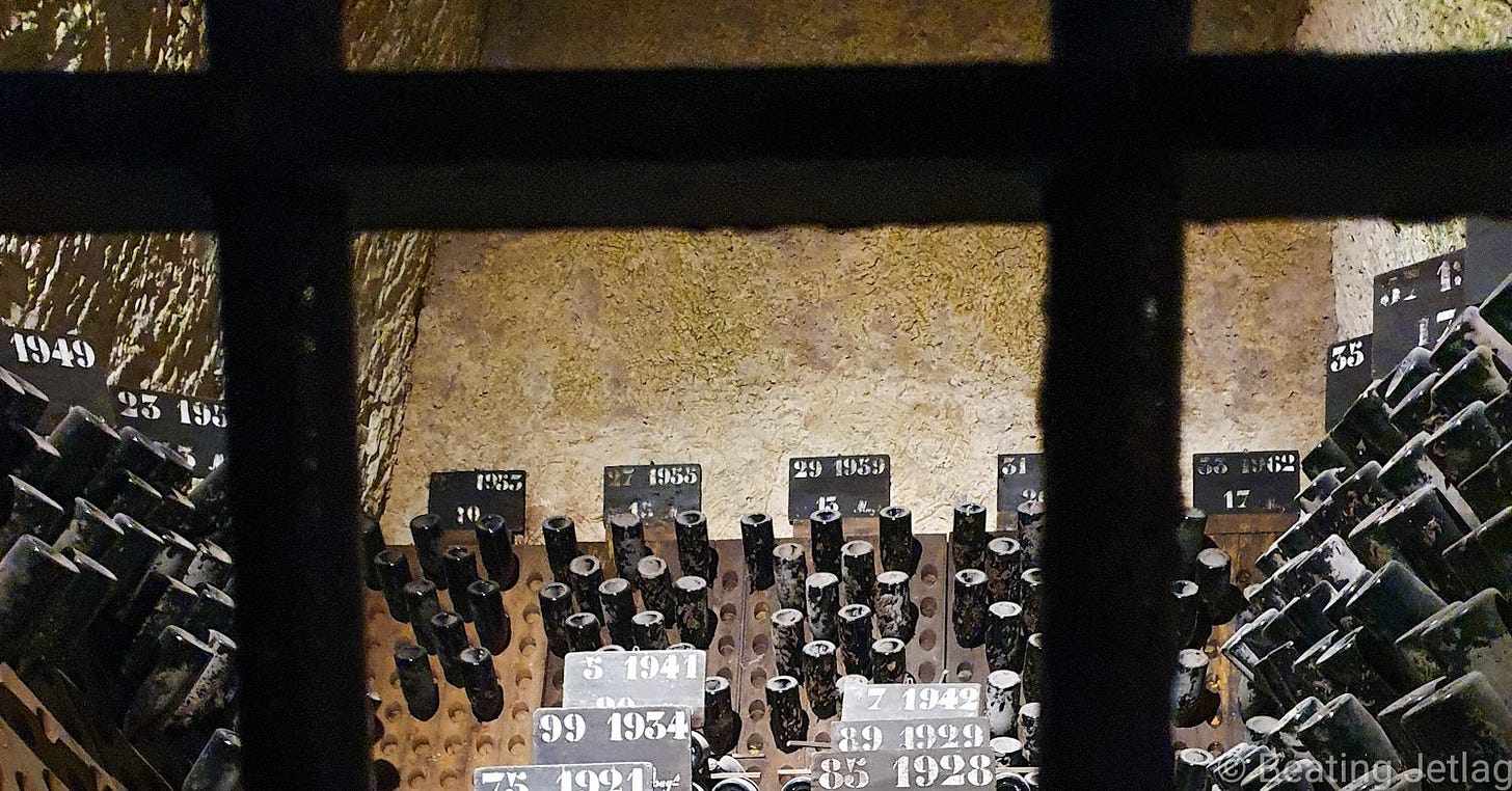 Old bottles of Champagne in a wine cellar in Champagne, France