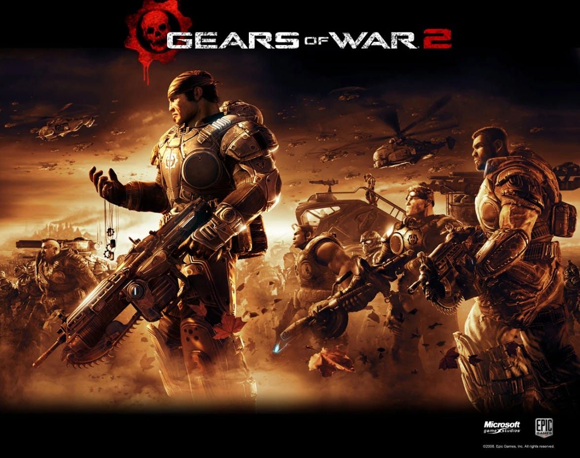 Promotional art for Gears of War 2, featuring Marcus and Dominic in the foreground, with the rest of the various cast members, in order of narrative importance, behind them in the background. Various vehicles and moments from within the game are also depicted, and Marcus is seen holding a handful of dog tags to represent the fallen.