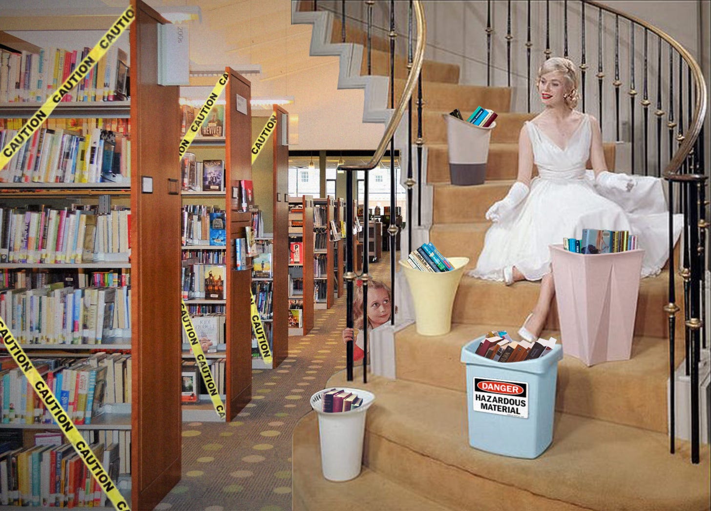 A collage image of the interior of a library with bookshelves crossed by caution tape on one side and a woman sitting on a set of stairs surrounded by trash cans filled with books on the other. A small girl peers up at the woman through the stair's bannister.