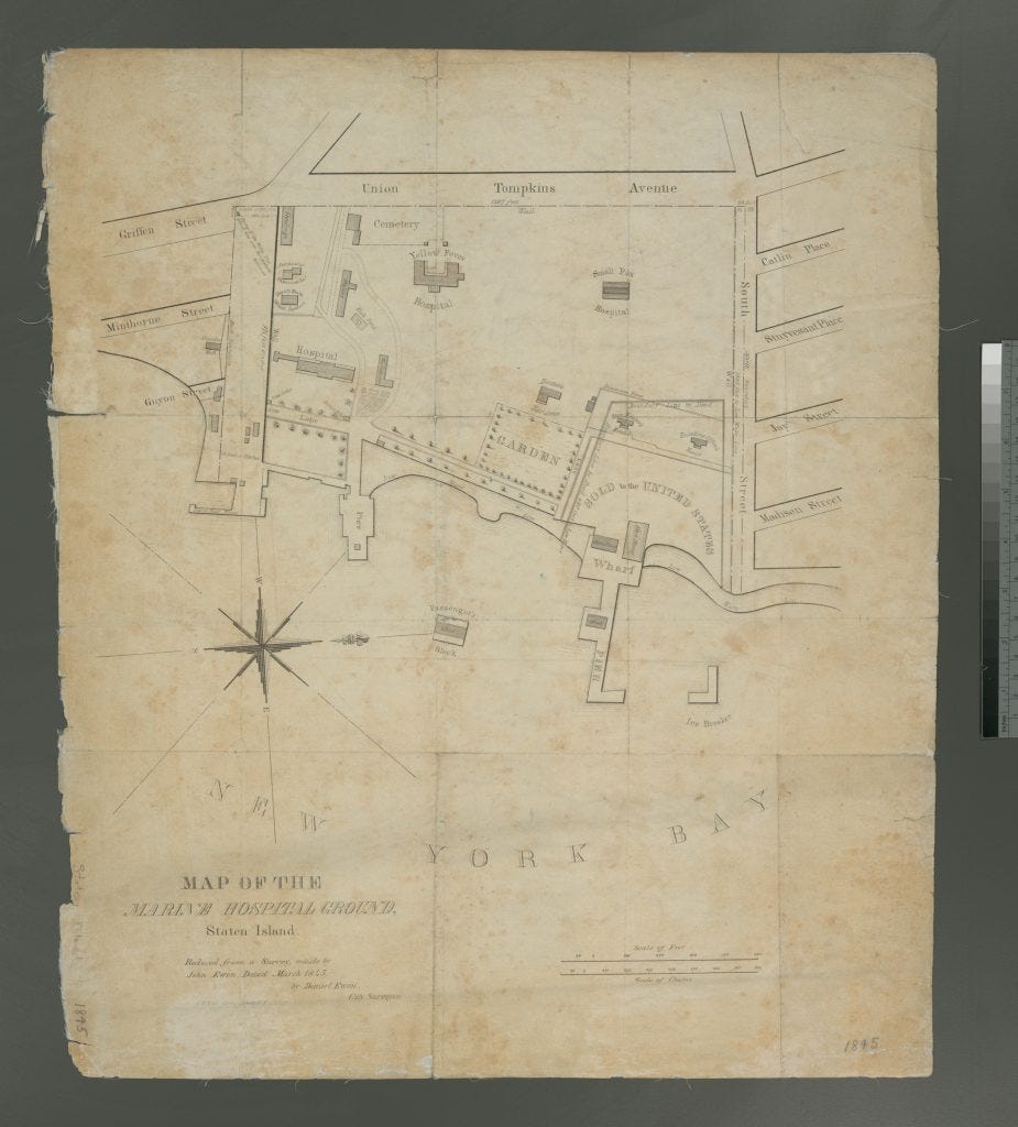 1845 map of the Quarantine grounds at Tompkinsville from NY Public Library