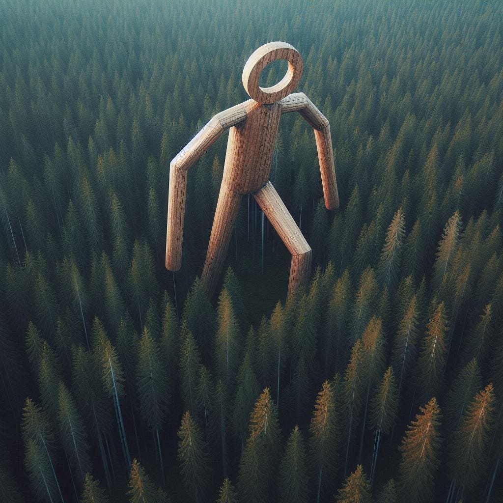 A giant stick figure made of wood rampaging through a forest. It looks like a stick figure, with no features and a letter O for a head, again made out of wood. It towers above the trees, being taller than the forest. Dense forest, shot from above